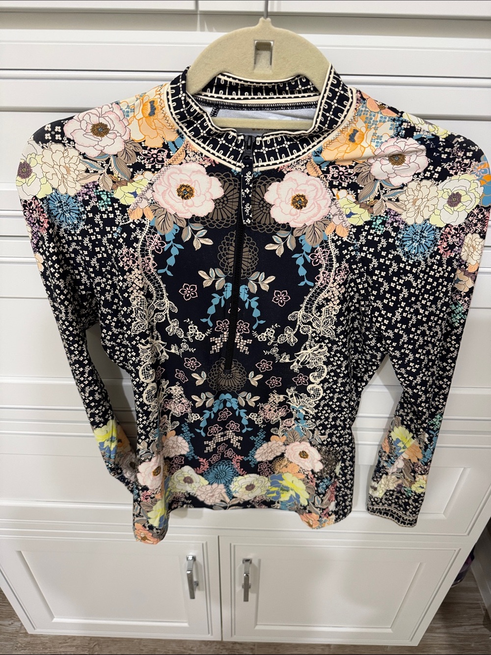 Johnny Was  Floral Zip-Front surf top Long Sleeve Top - Black Multi